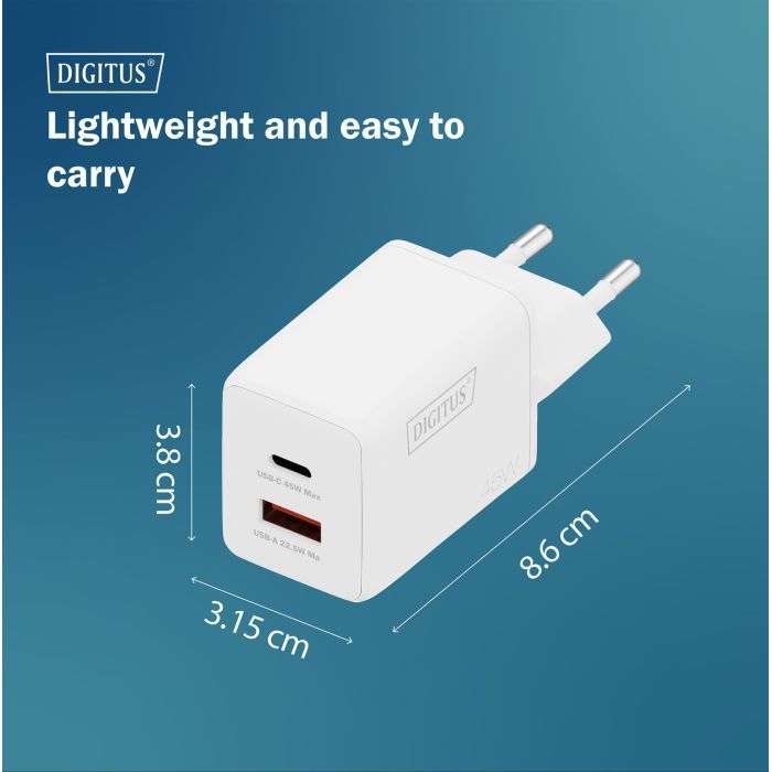 Зарядное устройство Digitus 1xUSB-C + 1xUSB PD45W GaN white (DA-10302) изображение 11