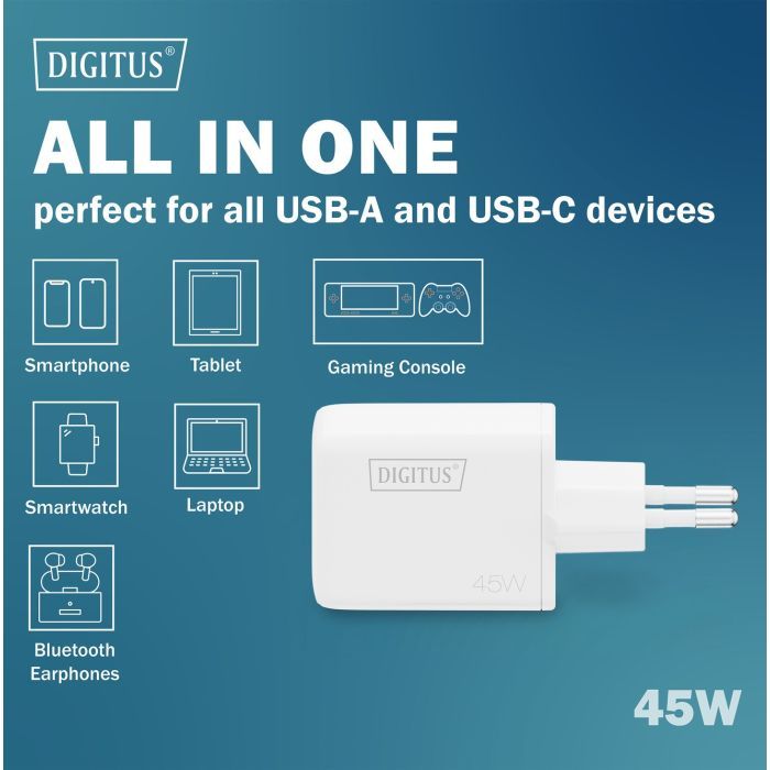 Зарядное устройство Digitus 1xUSB-C + 1xUSB PD45W GaN white (DA-10302) изображение 9