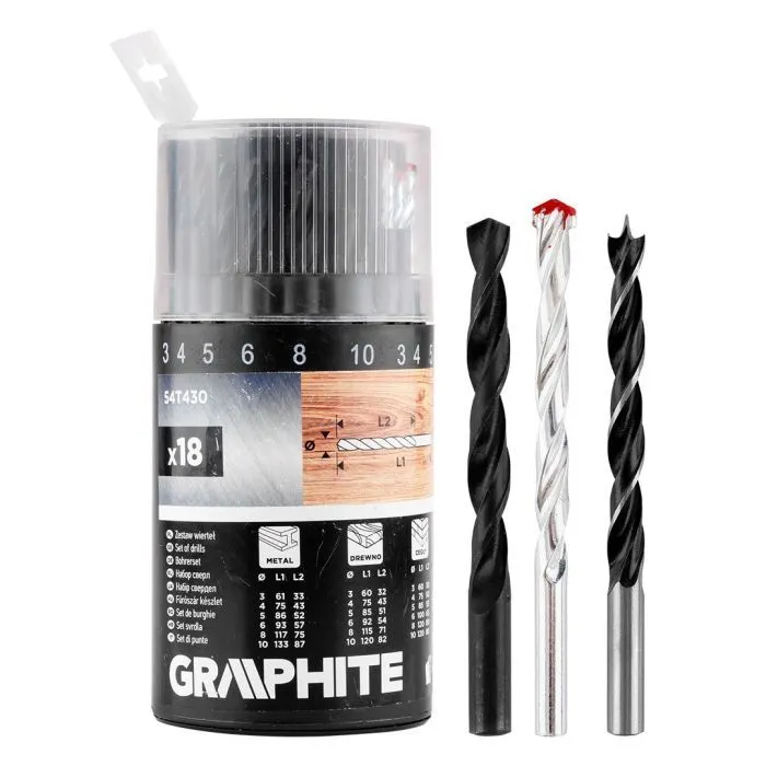 Набор сверл Graphite по металлу, дереву, кирпичу, 3–6,8,10мм, 18шт (54T430)