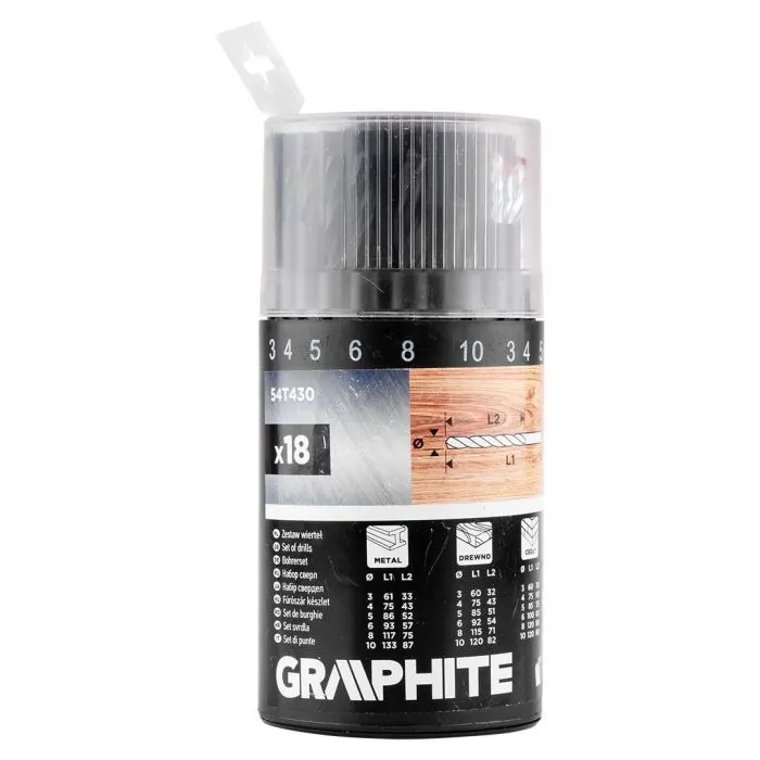 Набор сверл Graphite по металлу, дереву, кирпичу, 3–6,8,10мм, 18шт (54T430) изображение 2