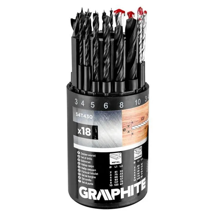 Набор сверл Graphite по металлу, дереву, кирпичу, 3–6,8,10мм, 18шт (54T430) изображение 9