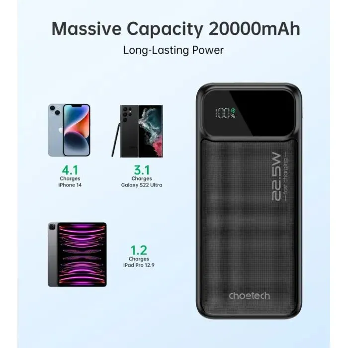 Батарея універсальна Choetech 20000mAh, 22.5W, PD, QC/3.0, Black (B729-CCBK) зображення 8