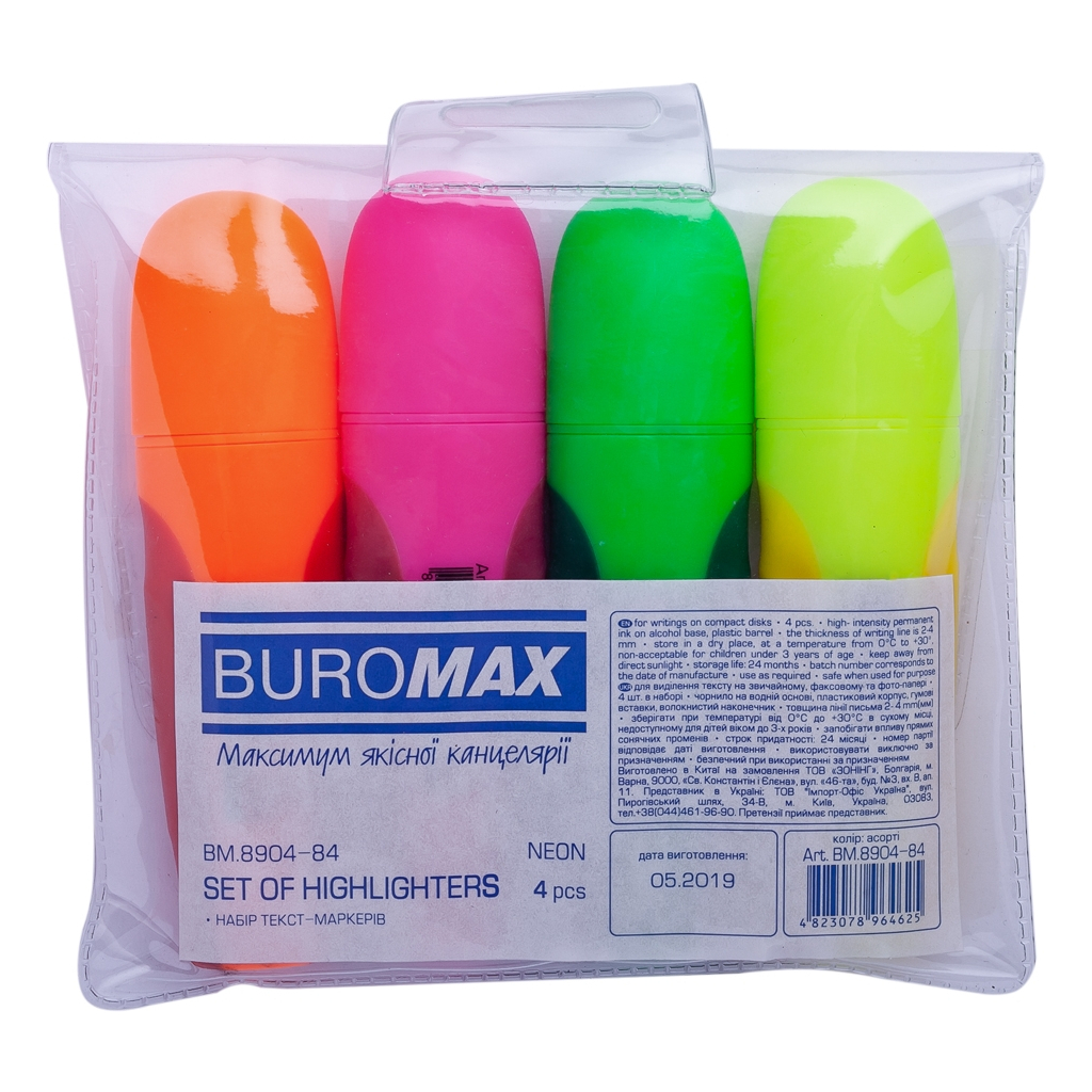Набор маркеров Buromax highlighter pen, NEON, chisel tip, SET 4 colors (BM.8904-84) изображение 2