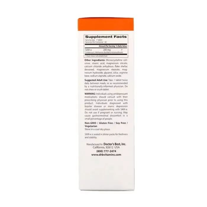 Аминокислота Doctor's Best SAM-e (S-Аденозилметионин) 200мг, 60 таблеток (DRB-00206) изображение 2