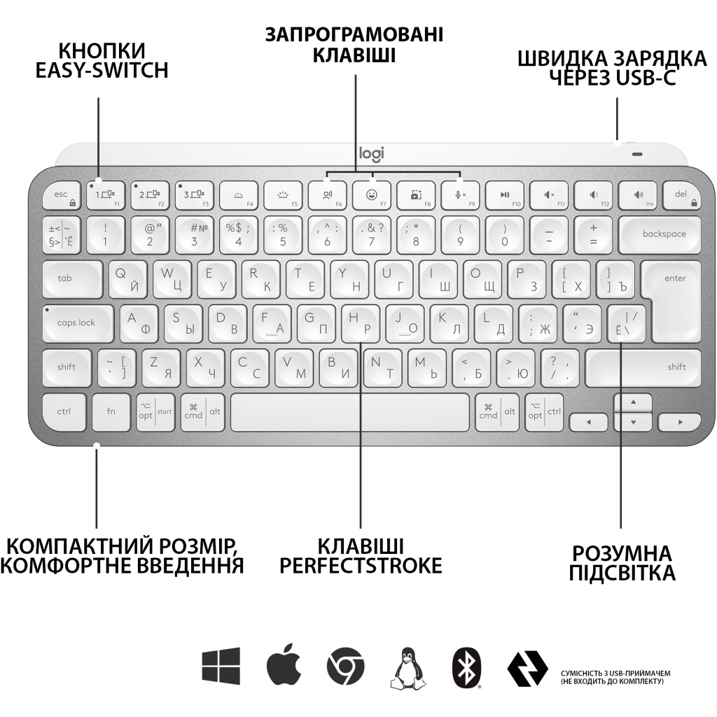 Клавиатура Logitech MX Keys Mini Wireless Illuminated Pale Grey (920-010502) изображение 5