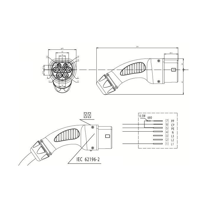Конектор для заряджання електромобіля Duosida Type2, 32A, 3-фазный (EV200191) зображення 2