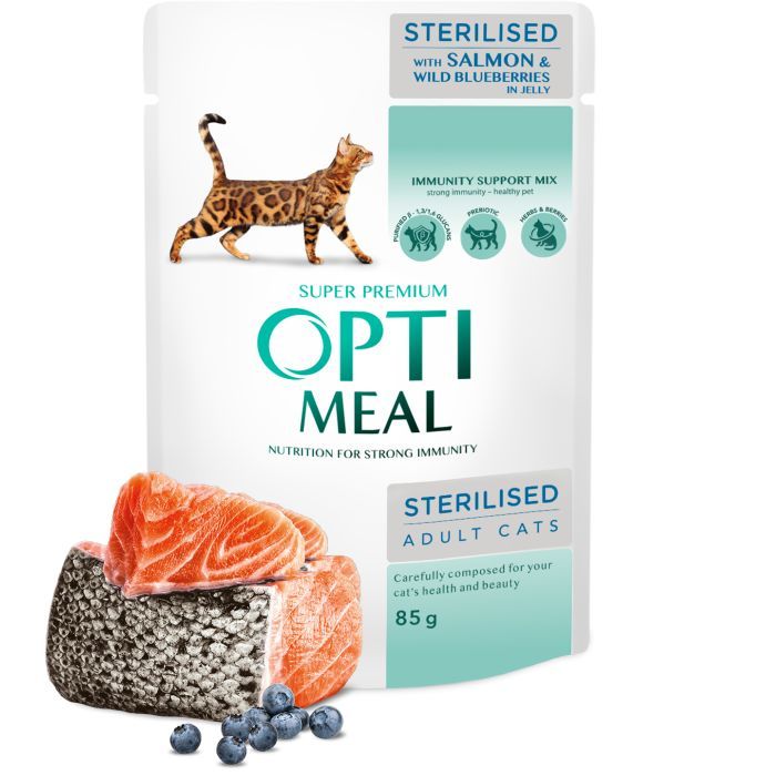 Вологий корм для кішок Optimeal для стерилізованих/кастрованих з лососем та чорницею в желе 85 г (4820269140141) зображення 3