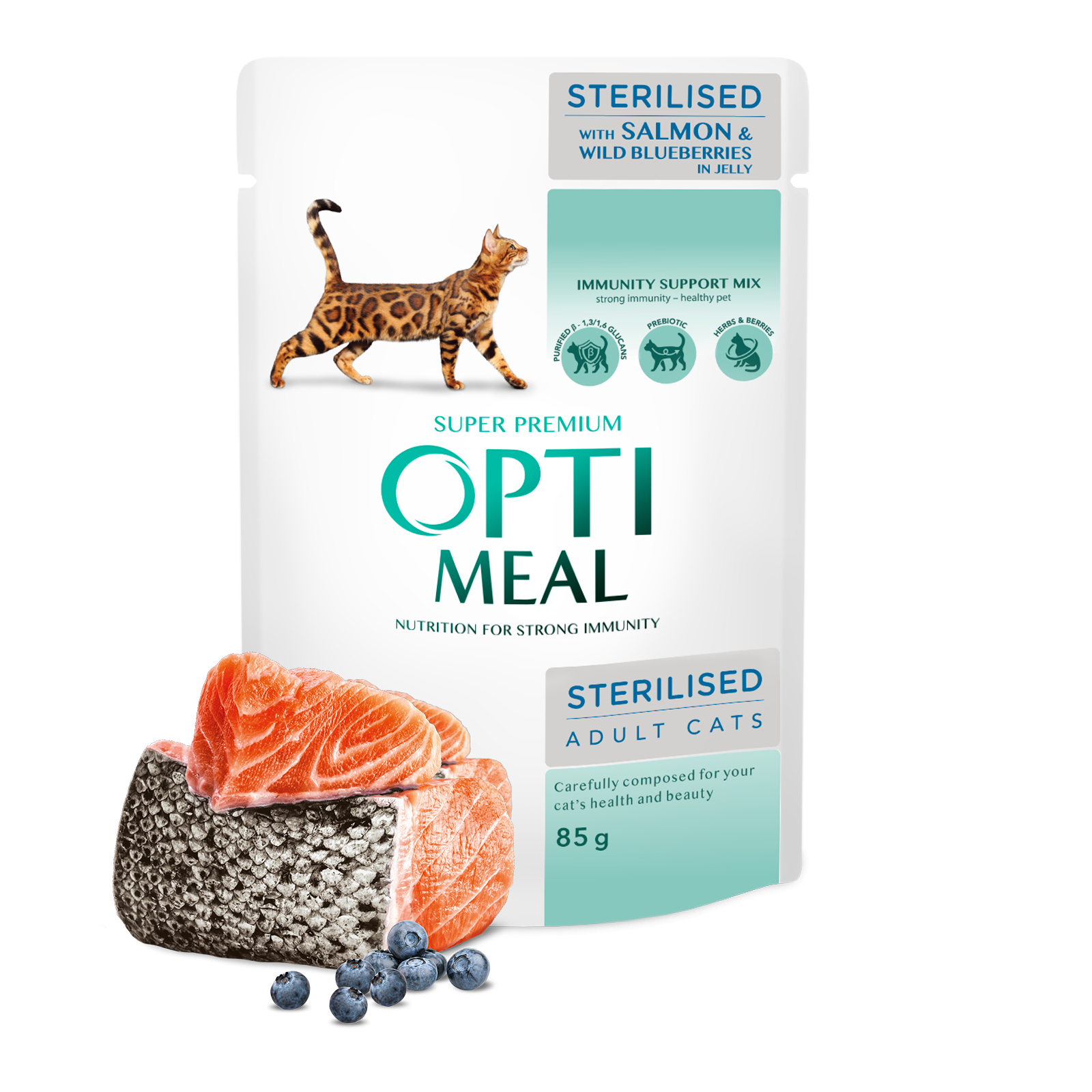 Влажный корм для кошек Optimeal для стерилизованных/кастрированных с лососем и черникой в желе 85 г (4820269140141) изображение 3