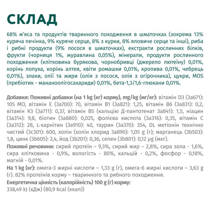 Вологий корм для кішок Optimeal для стерилізованих/кастрованих з лососем та чорницею в желе 85 г (4820269140141) зображення 7