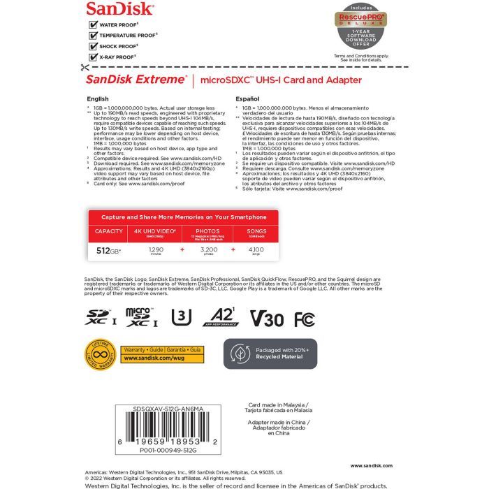 Карта памяти SanDisk 512GB microSD class 10 UHS-I U3 V30 Extreme (SDSQXAV-512G-GN6MA) изображение 6