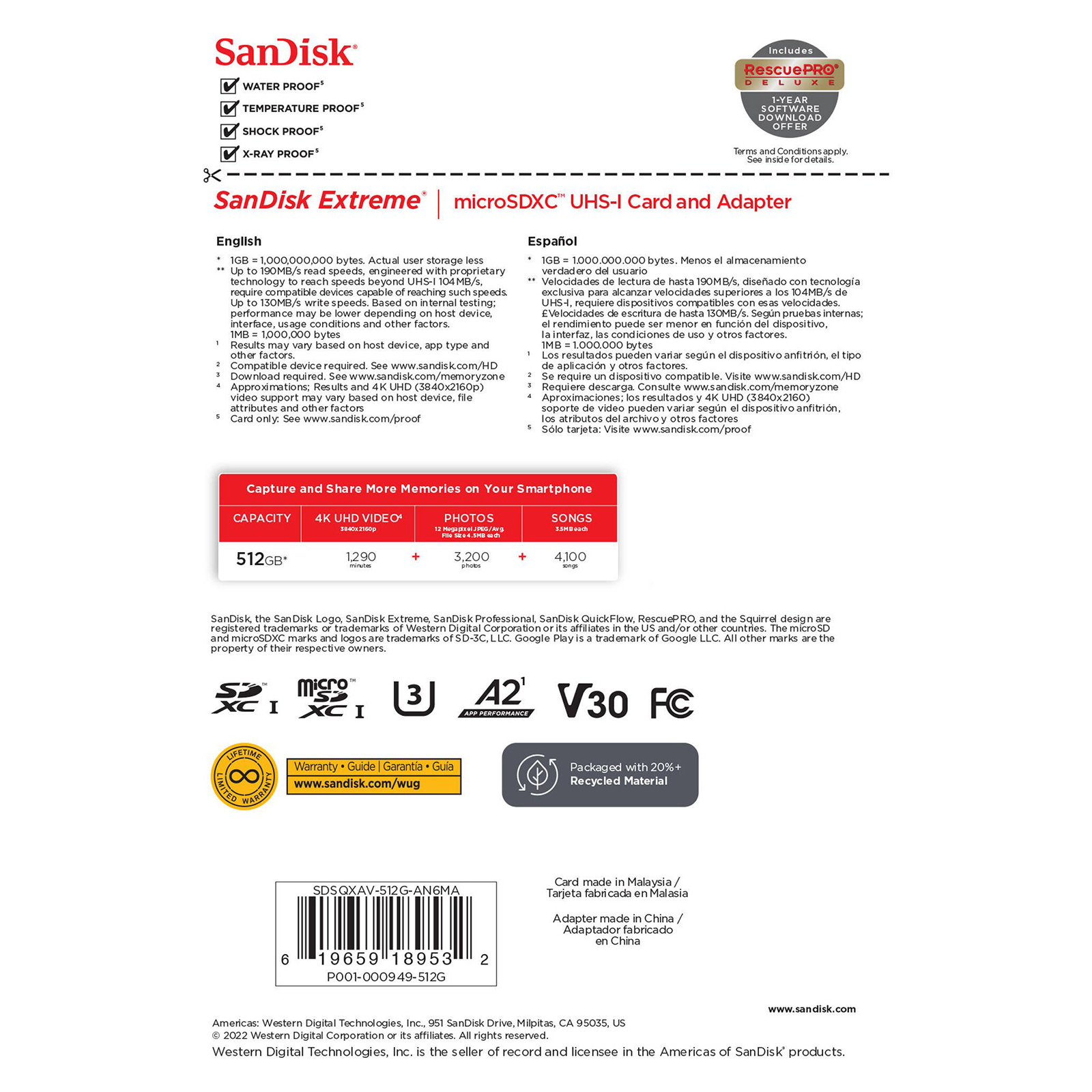Карта памяти SanDisk 512GB microSD class 10 UHS-I U3 V30 Extreme (SDSQXAV-512G-GN6MA) изображение 6