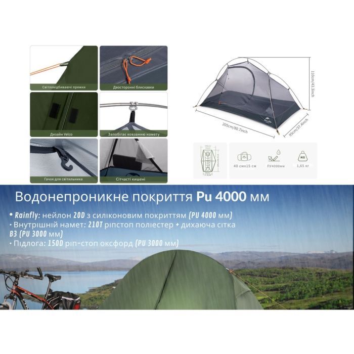 Палатка Naturehike одномісний з футпринтом Cycling 1 NH18A095-D зелений (6927595735671) изображение 9