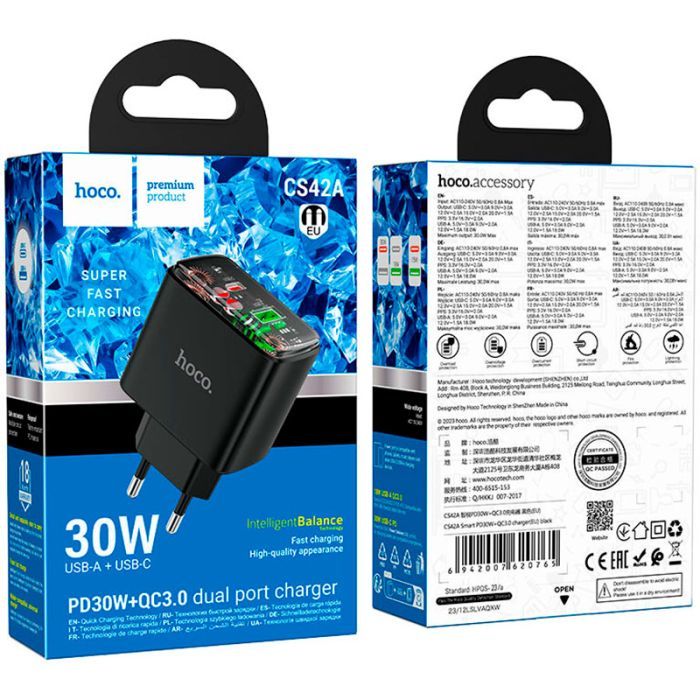 Зарядний пристрій HOCO CS42A Smart 1xUSB-C PD30W + 1xUSB QC3.0 Black (6942007620765) зображення 4