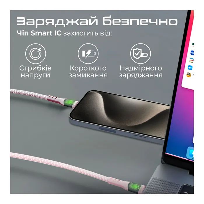 Дата кабель USB-C to USB-C 1.2m 60W PD TransLine-CC pink Promate (transline-cc.pink) зображення 4