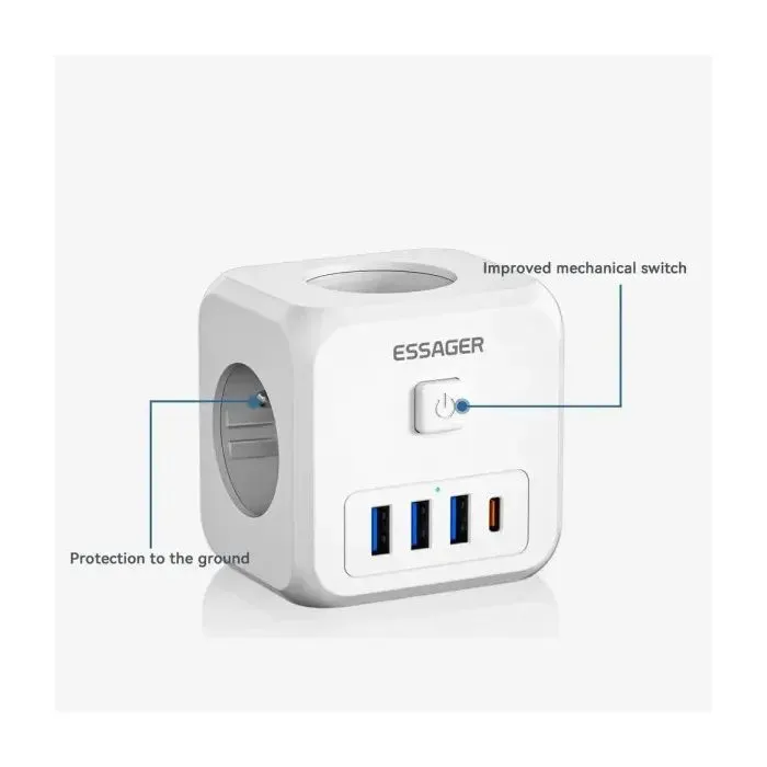 Зарядний пристрій Essager 3xUSB + 1xUSB-C 7-in-1 white (ECTAC-MFB02-Z) зображення 6