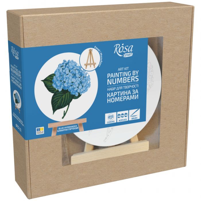 Картина по номерам Rosa Блакитна гортензія", кругла, 15 см, з мольбертом (4823098548690)