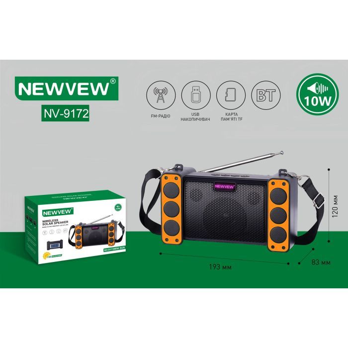 Акустическая система NEWVEW NV-9172 Solar Panel/BT/USB/TF/FM Black (NWVW-NV-9172-BK) изображение 5