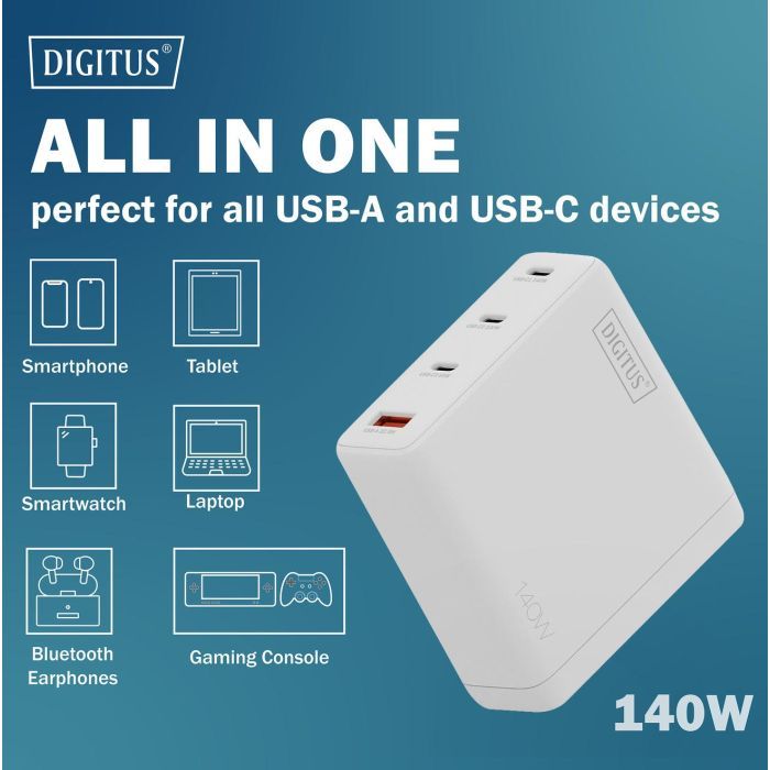 Зарядное устройство Digitus 3xUSB-C + 1xUSB PD140W GaN white (DA-10305) изображение 5