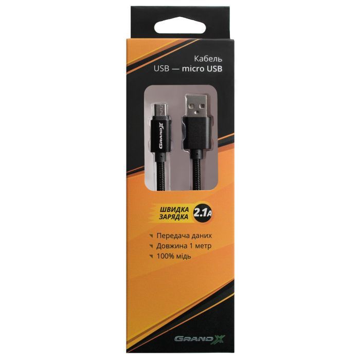 Дата кабель USB 2.0 AM to Micro 5P 1.0m Black/Black Grand-X (FM01BB) изображение 3