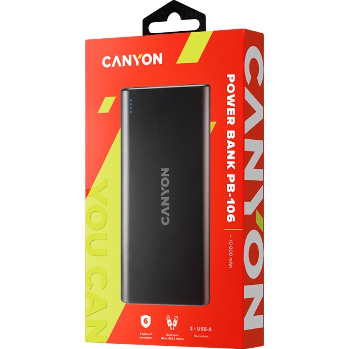 Батарея универсальная Canyon PB-106 10000mAh Input 5V/2A, Output 5V/2.1A(Max) (CNE-CPB1006B) изображение 5