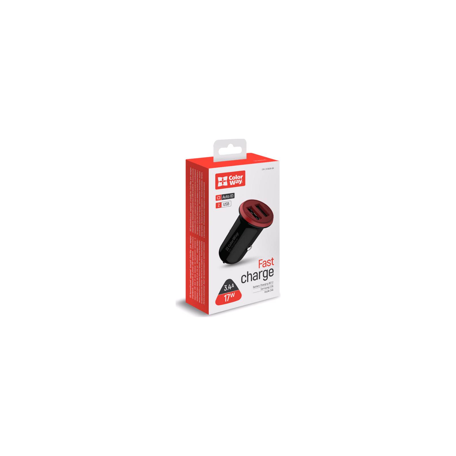 Зарядное устройство ColorWay 2USB AUTO ID 3.4A (17W) red/black (CW-CHA026-BK) изображение 4
