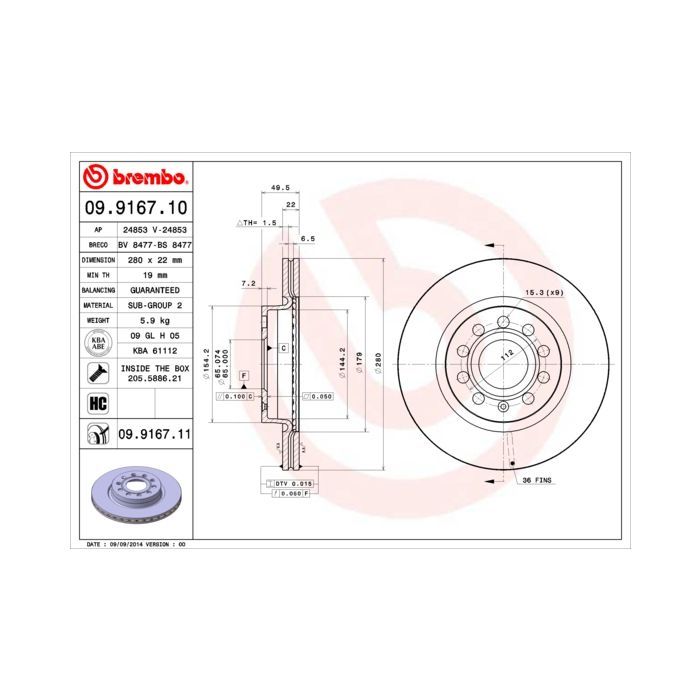 Тормозной диск Brembo 09.9167.11