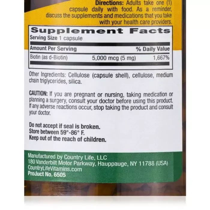Витамин Country Life Концентрированный Биотин (В7), 5 мг, High Potency Biotin, 1 (CLF-06506) изображение 2