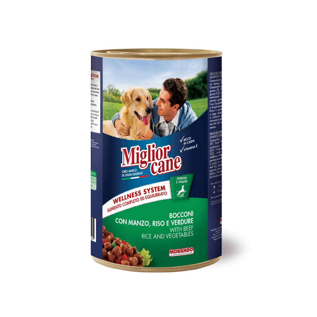 Консервы для собак Migliorcane с кусочками говядины, рисом и овощами 1250 г (8007520011518)