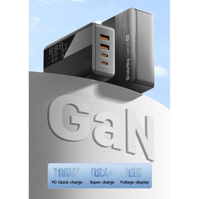 Зарядний пристрій ColorWay Power Delivery GaN (2USB-A + 2USB TYPE-C) (100W) black (CW-CHS041PD-BK) зображення 10