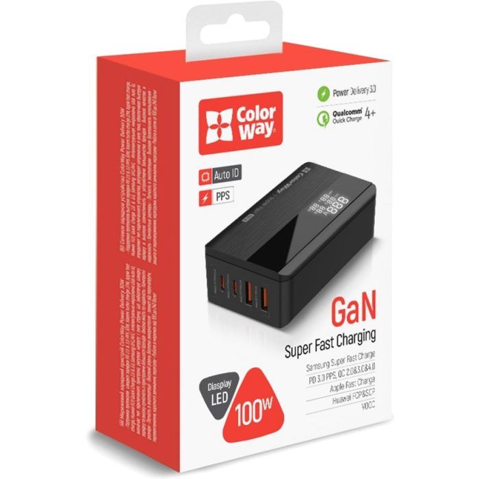 Зарядний пристрій ColorWay Power Delivery GaN (2USB-A + 2USB TYPE-C) (100W) black (CW-CHS041PD-BK) зображення 9