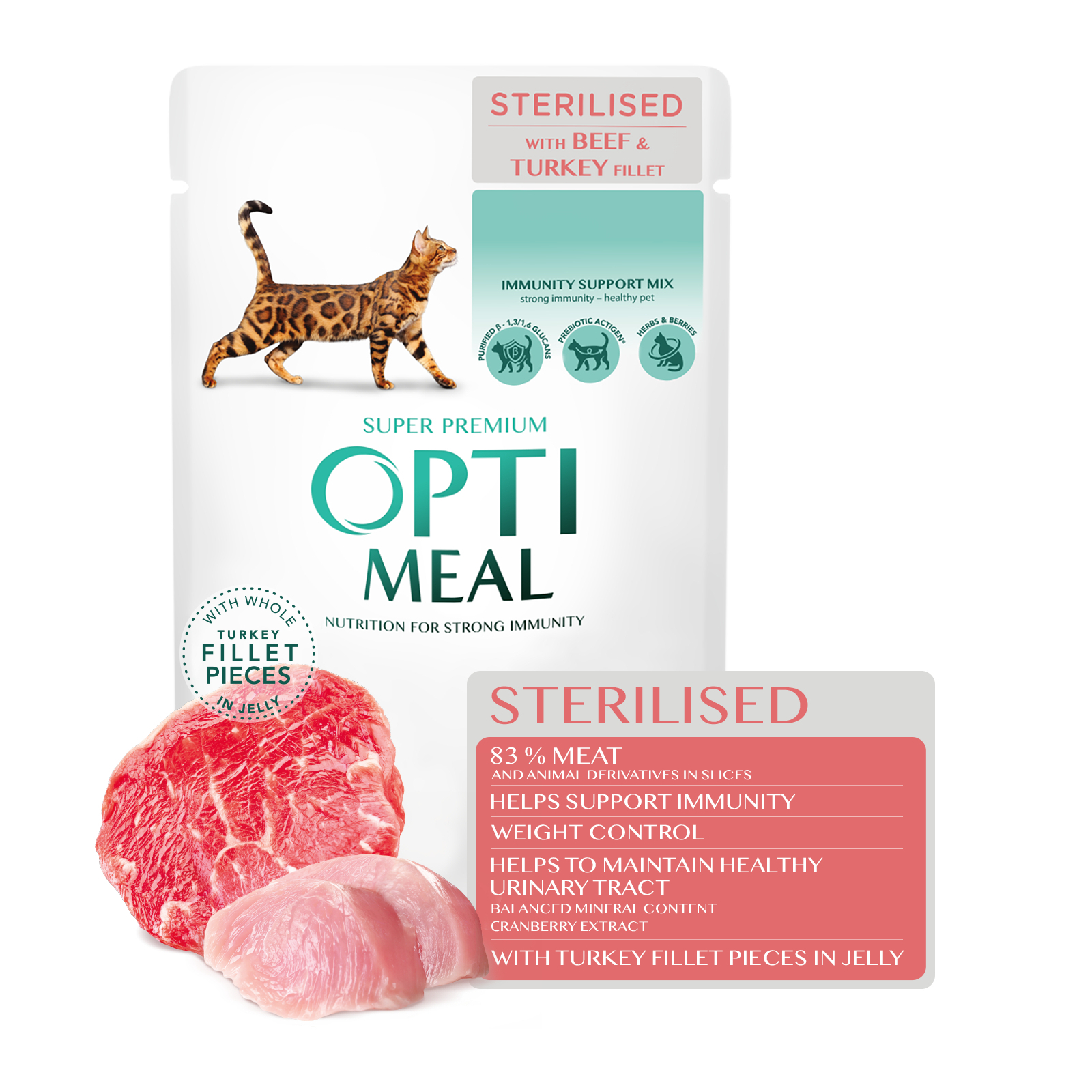 Вологий корм для кішок Optimeal для стерилізованих/кастрованих з яловичиною та індичим філе в желе 85 г (4820215365901) зображення 2