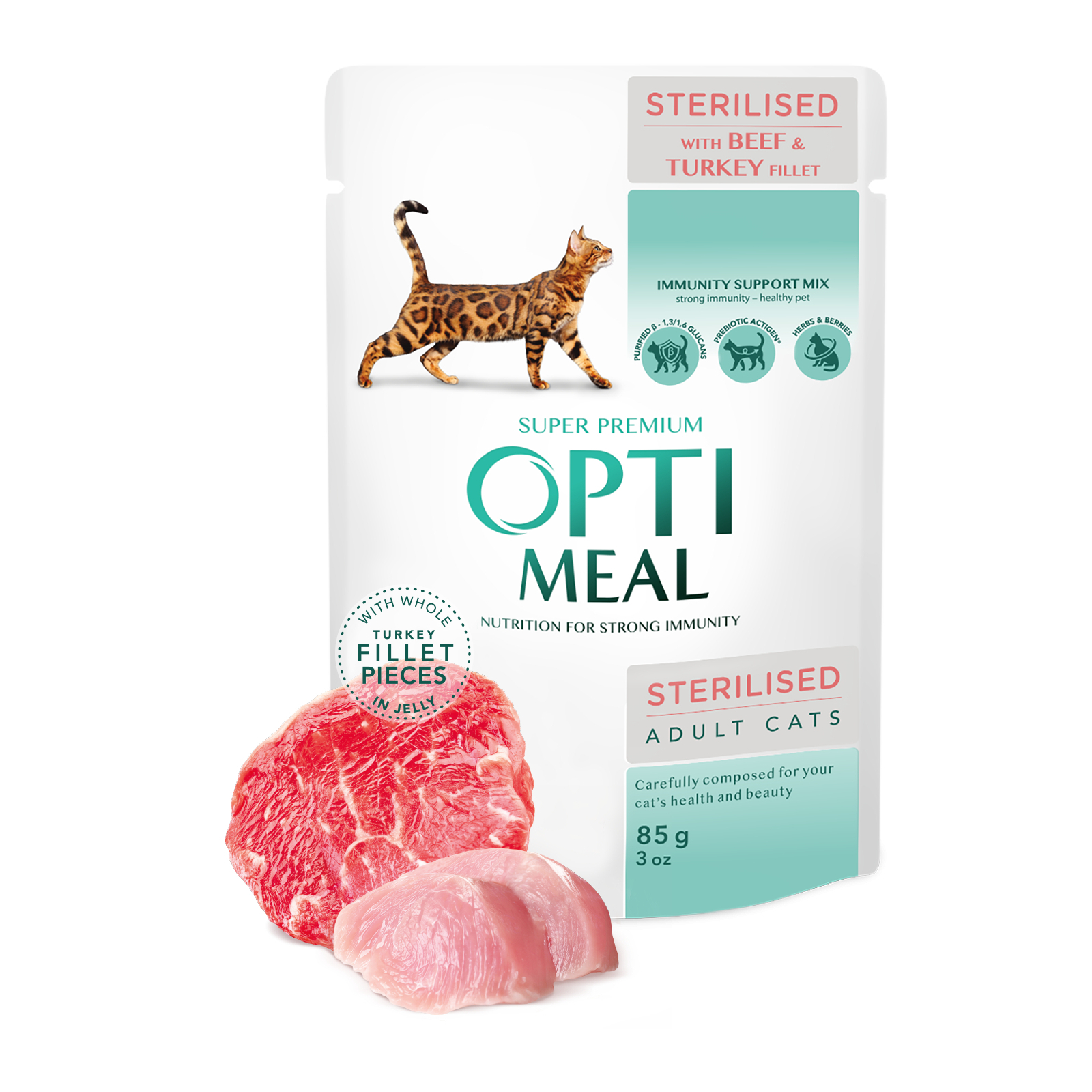 Вологий корм для кішок Optimeal для стерилізованих/кастрованих з яловичиною та індичим філе в желе 85 г (4820215365901) зображення 3