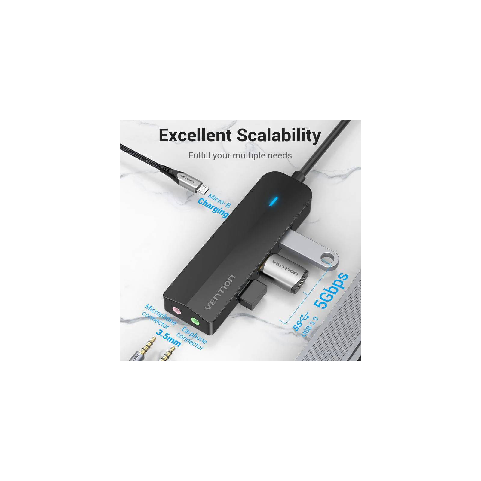 Концентратор Vention USB 3.1 Type-C to 3xUSB 3.0+MicroUSB+3.5mm Sound Adapter black (TGQBB) зображення 3