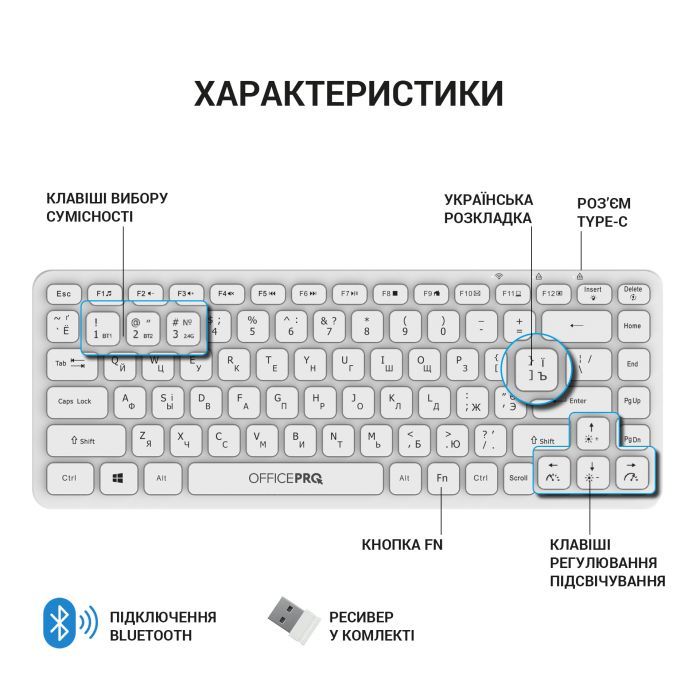 Клавиатура OfficePro SK790W Wireless/Bluetooth White (SK790W) изображение 7