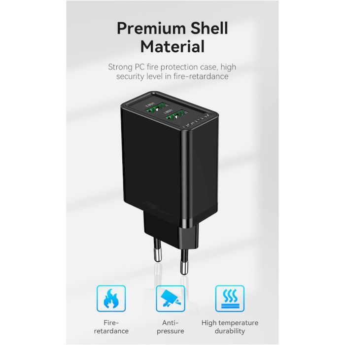 Зарядний пристрій Vention 2xUSB 36W (2xUSB-A) QC3.0 black (FBAB0-EU) зображення 5