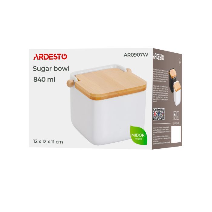 Цукорниця Ardesto Midori 12х12х11см, 840мл, кераміка, бамбук, біла (AR0907W) зображення 7
