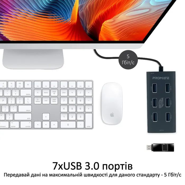Концентратор Promate USB Hub 7 ports ezhub-7.grey (ezhub-7.grey) зображення 3