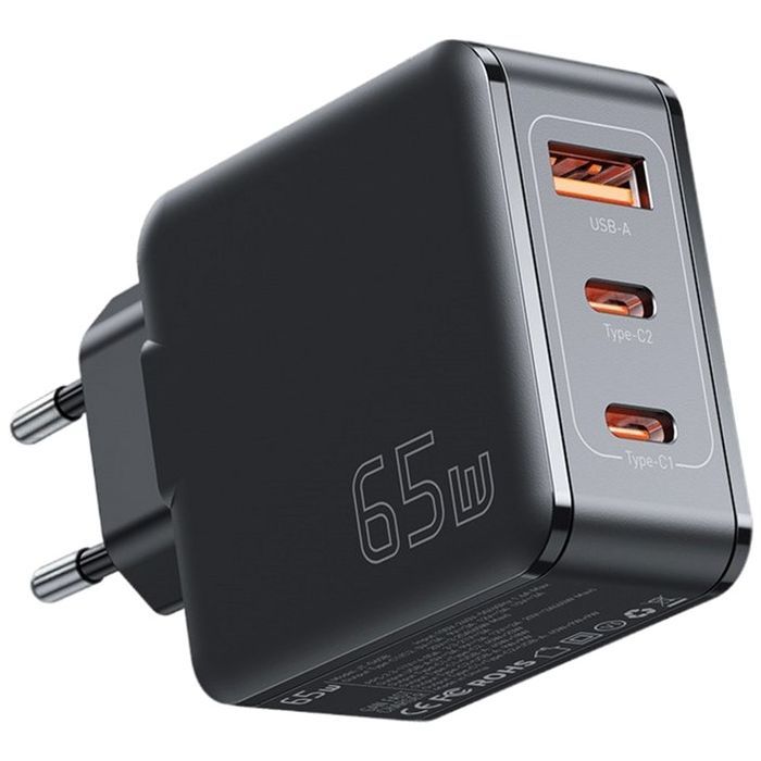 Зарядний пристрій Essager 2xUSB-C + 1xUSB 65W GaN black (ECT2CA-JZB01-Z)