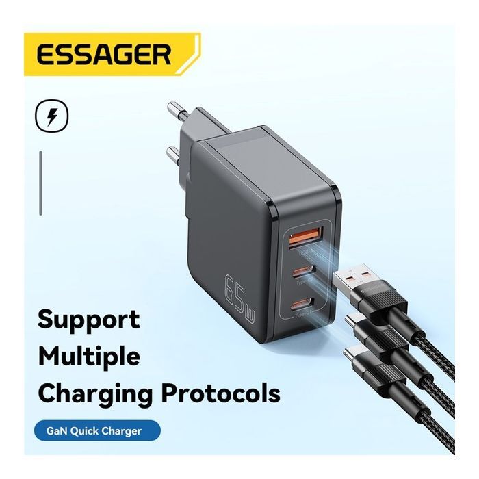 Зарядний пристрій Essager 2xUSB-C + 1xUSB 65W GaN black (ECT2CA-JZB01-Z) зображення 2