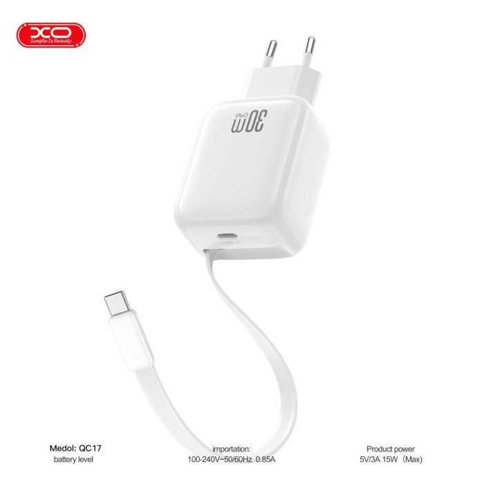 Зарядное устройство XO 1xUSB-C PD30W GaN + cable USB-C to USB-C (XO-QC17) изображение 3