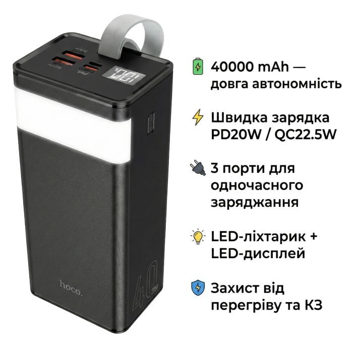 Батарея універсальна HOCO 40000mAh Powermaster PD/20W, QC/22.5W, Lamp, Black (J86 / 714737) зображення 4