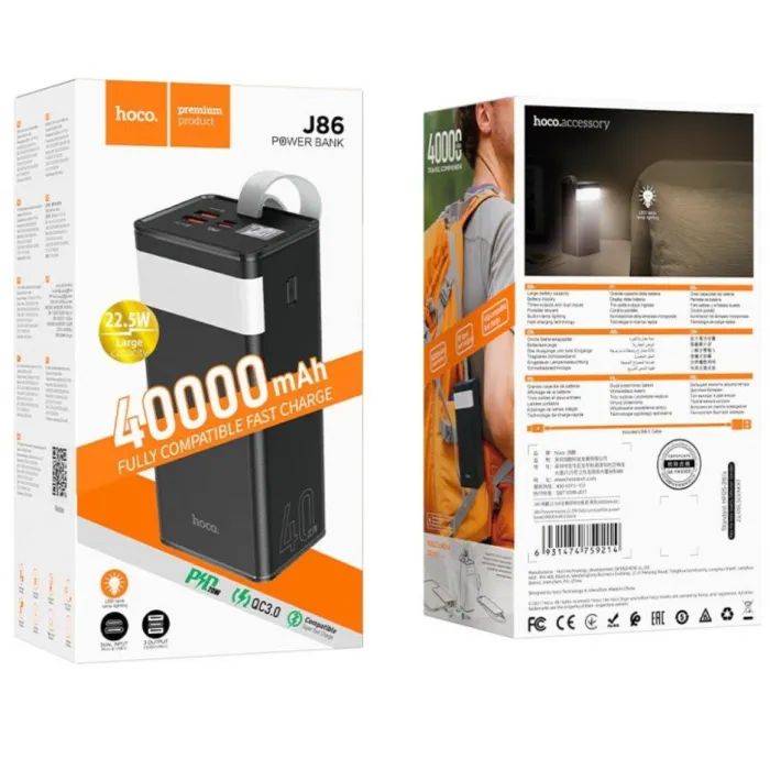 Батарея універсальна HOCO 40000mAh Powermaster PD/20W, QC/22.5W, Lamp, Black (J86 / 714737) зображення 5