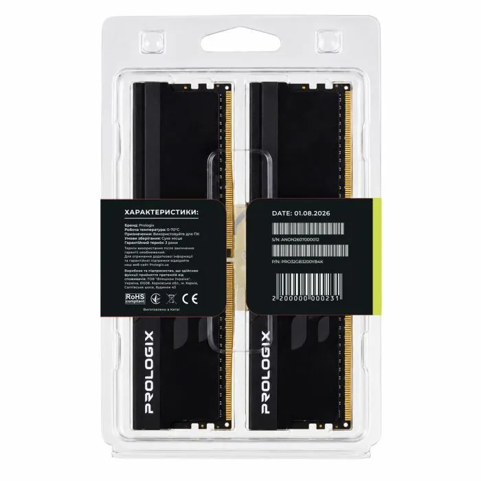 Модуль памяти для компьютера DDR4 32GB (2x16GB) 3200 MHz Onyx Black Prologix (PRO32GB3200YB4K) изображение 5
