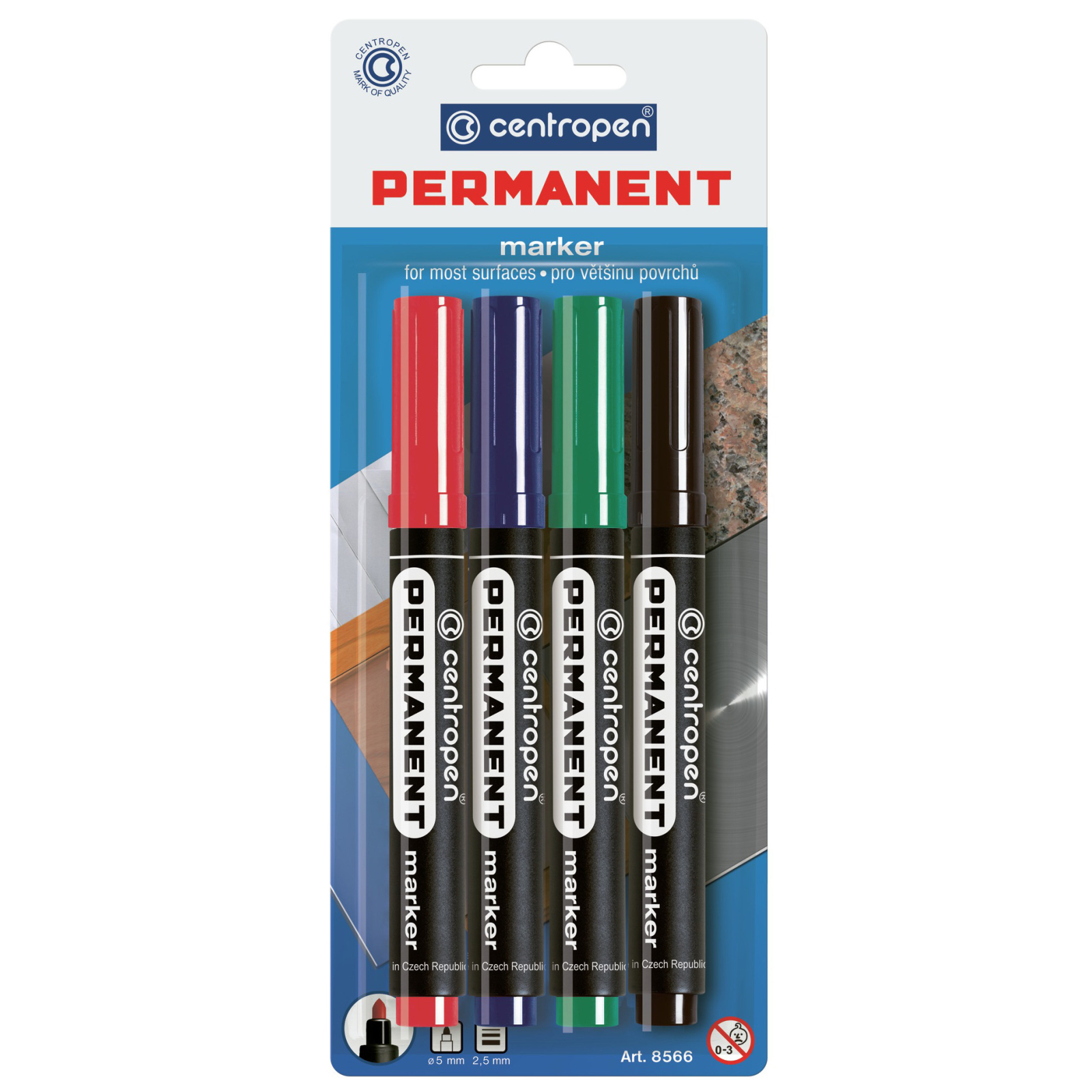 Набор маркеров Centropen Permanent 8566 2,5 мм, round tip, SET 4colors (BLister) (8566/4/BL)