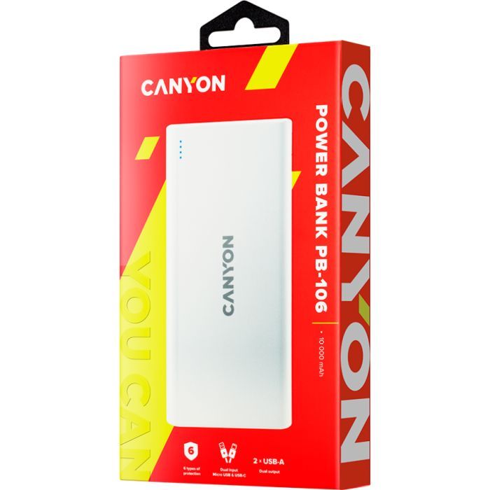 Батарея универсальная Canyon PB-106 10000mAh Input 5V/2A, Output 5V/2.1A(Max) (CNE-CPB1006B) изображение 5
