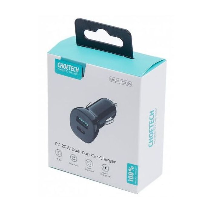 Зарядное устройство Choetech car USB-A/USB-C 20W QC3.0/PD black (TC0005-BK) изображение 2