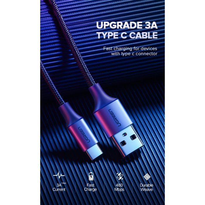 Дата кабель USB 2.0 AM to USB-C 1.5m US288 Aluminum Braid (Black) Ugreen (60127) изображение 3