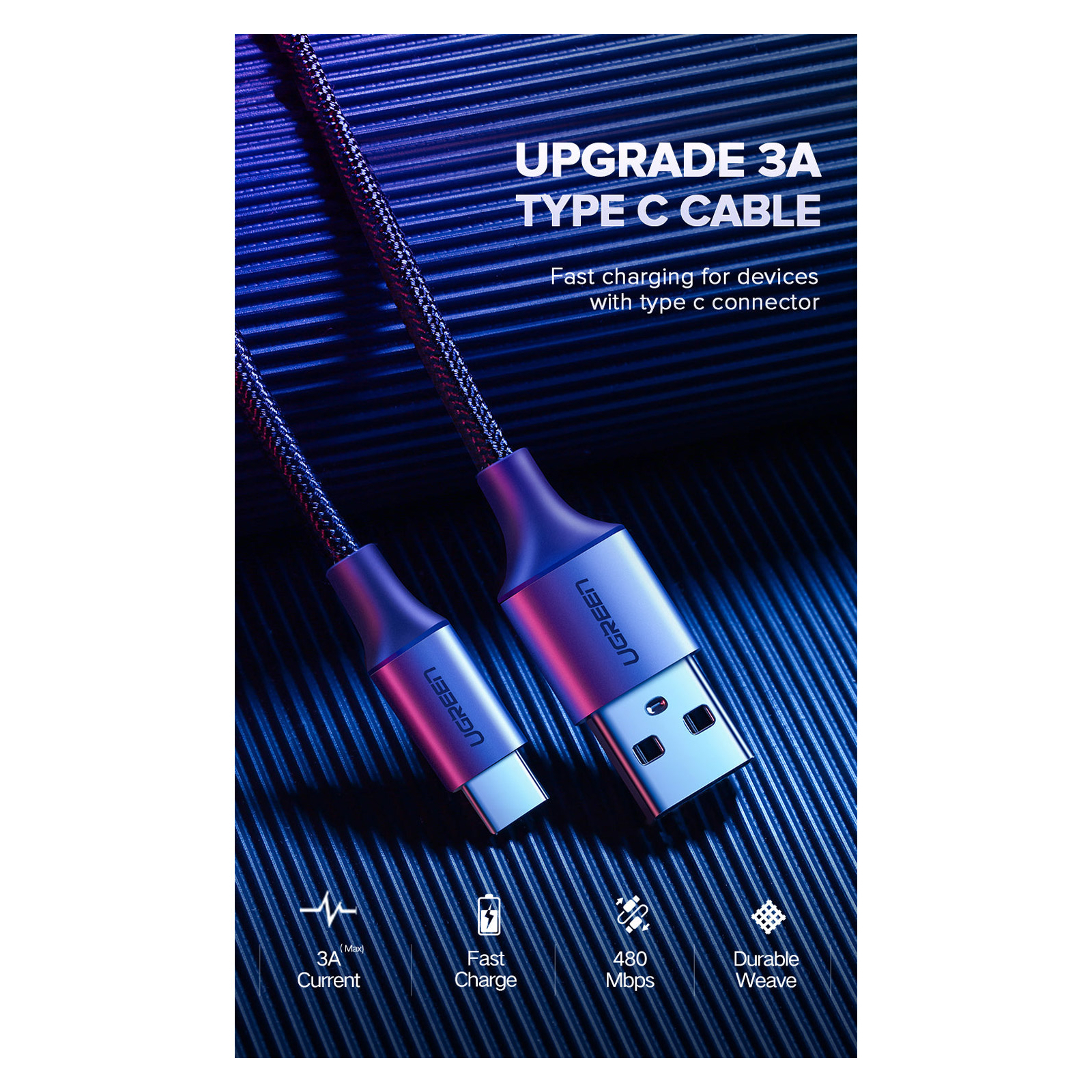 Дата кабель USB 2.0 AM to Type-C 2.0m US288 Aluminum Braid Black Ugreen (60128) изображение 3