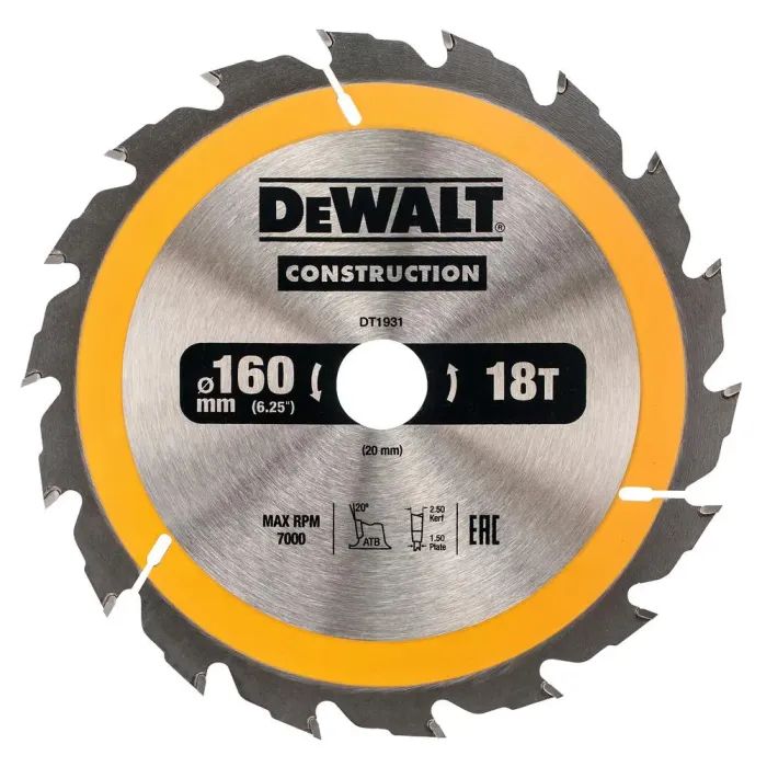 Диск пильный DeWALT СONSTRUCTION , 160 х 20 мм, 18 z, АВТ, 20 градусов (DT1931)