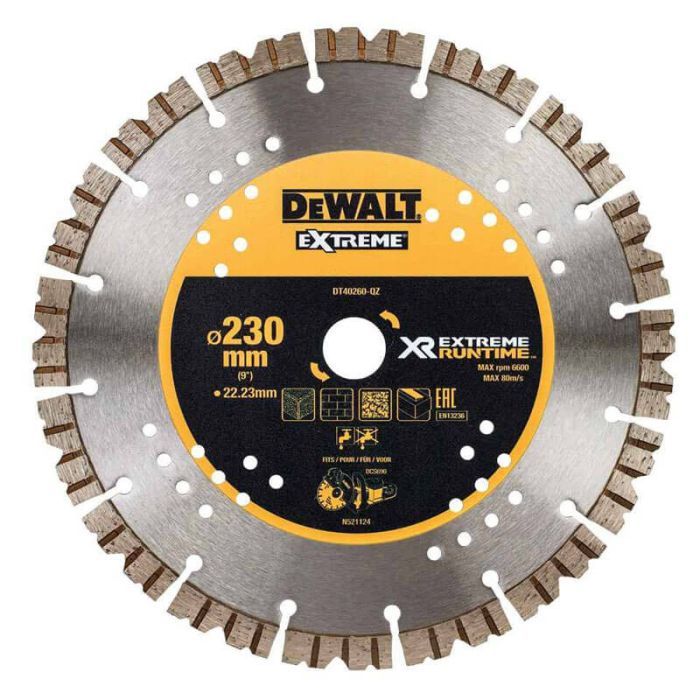 Круг отрезной DeWALT алмазный гранит/кирпич/пеноблок, 230х2.6х22.23 мм (DT40260)